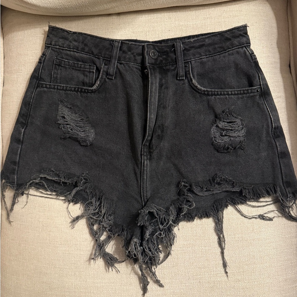 Distressed Black Denim Shorts